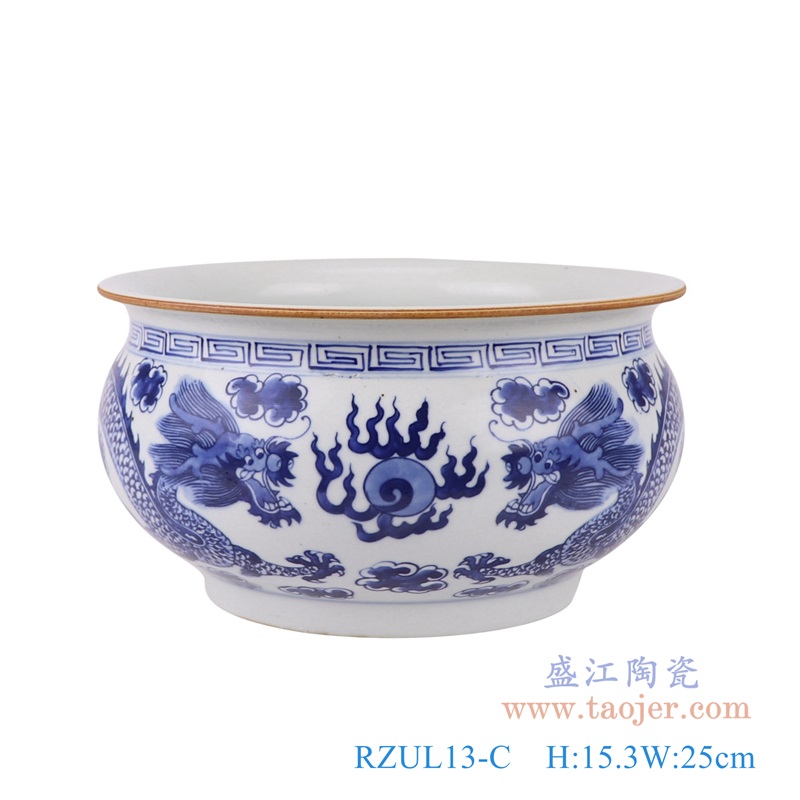 青花龙纹香炉，产品编号：RZUL13-C       产品尺寸(单位cm):  高15.3直径25口径底径重量2.3KG