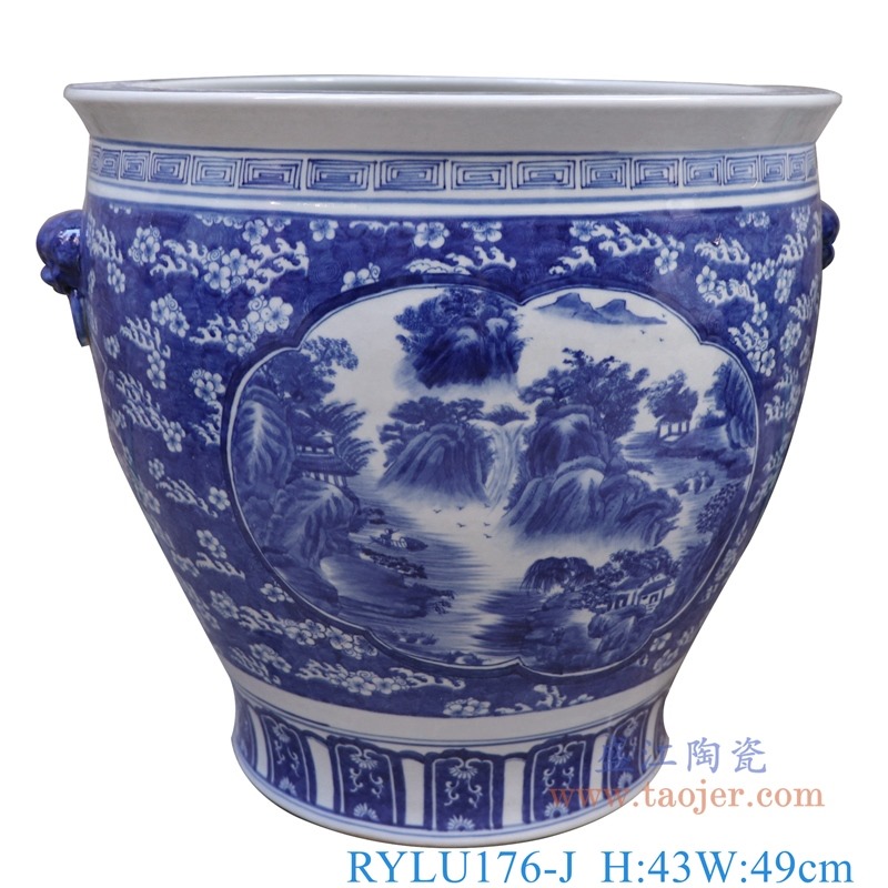 青花开窗开光狮子头山水大缸；产品编号：RYLU176-J       产品尺寸(单位cm):  高：43直径：49口径：45.5底径：重量：KG