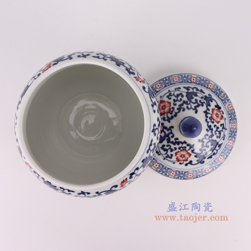 青花釉里红缠枝莲茶叶罐，产品编号：RZBG24       产品尺寸(单位cm):  高20.8直径16.8口径28底径9.6重量1.35KG