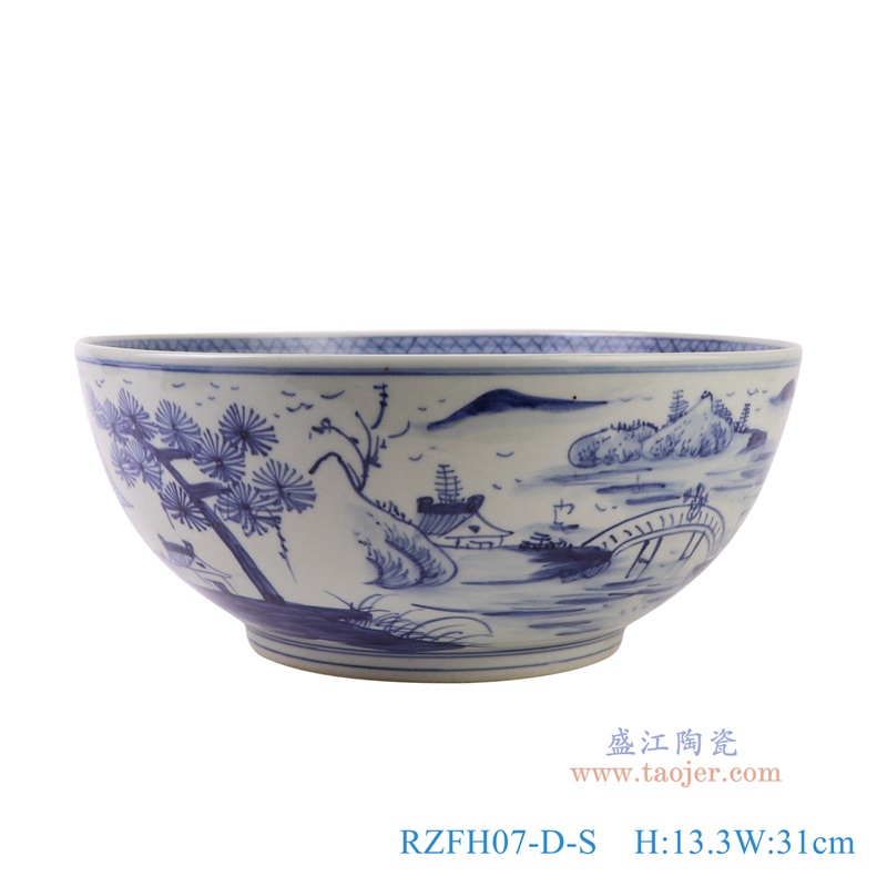 青花山水大碗，产品编号：RZFH07-D-S       产品尺寸(单位cm):  高13.3直径31口径底径16.3重量2.8KG