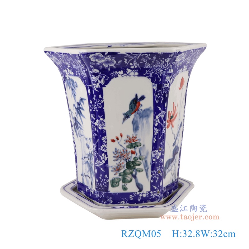 青花开窗梅兰竹菊花鸟带托八角花盆，产品编号：RZQM05       产品尺寸(单位cm):  高32.8直径32口径底径21.5重量3.95KG