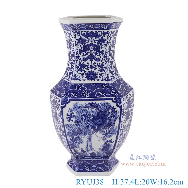 青花缠枝莲开窗龙纹六面花瓶，产品编号：RYUJ38       产品尺寸(单位cm):  高37.4直径20口径底径13.5重量2.75KG