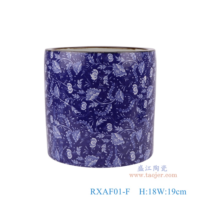 青花蓝底花卉笔筒，产品编号：RXAF01-F       产品尺寸(单位cm):  高18直径19口径底径重量2.2KG