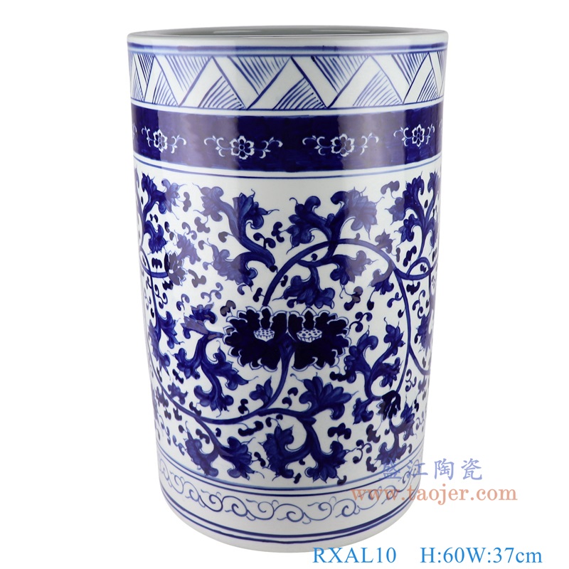 青花缠枝莲箭筒直筒大缸，产品编号：RXAL10       产品尺寸(单位cm):  高60直径37口径10.7底径重量22.3KG