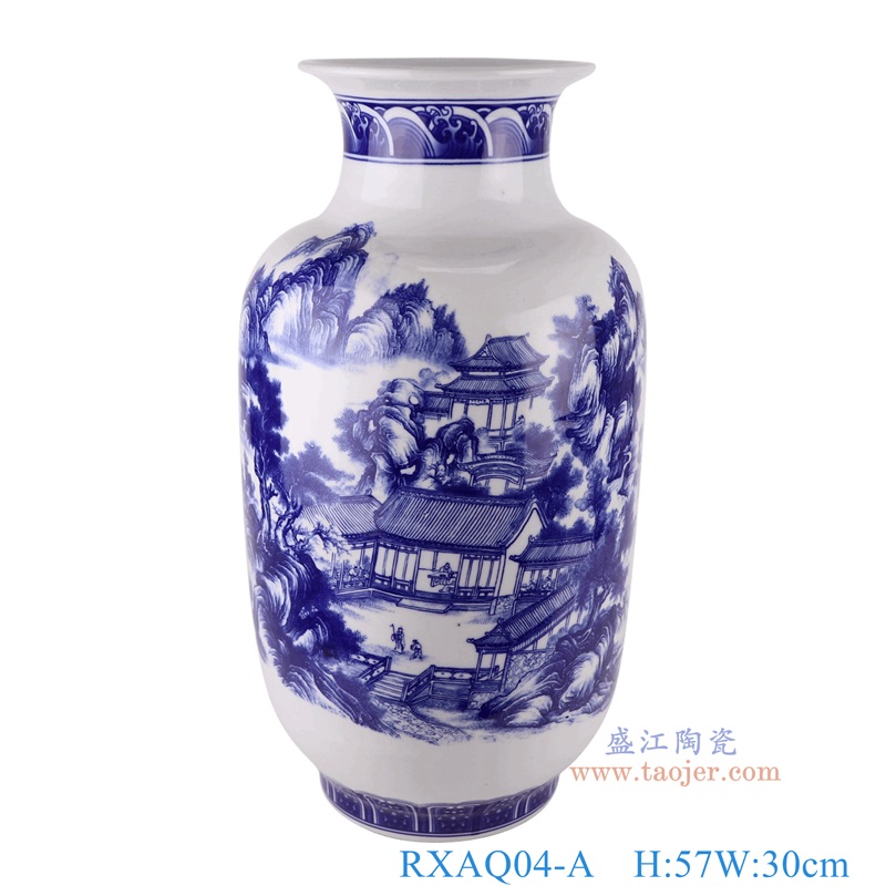 青花山水冬瓜瓶，产品编号：RXAQ04-A       产品尺寸(单位cm):  高57直径30口径底径18.7重量10.1KG