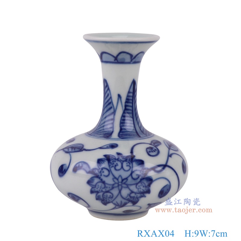 青花缠枝莲小扁肚瓶，产品编号：RXAX04       产品尺寸(单位cm):  高9直径7口径底径2.4重量0.1KG