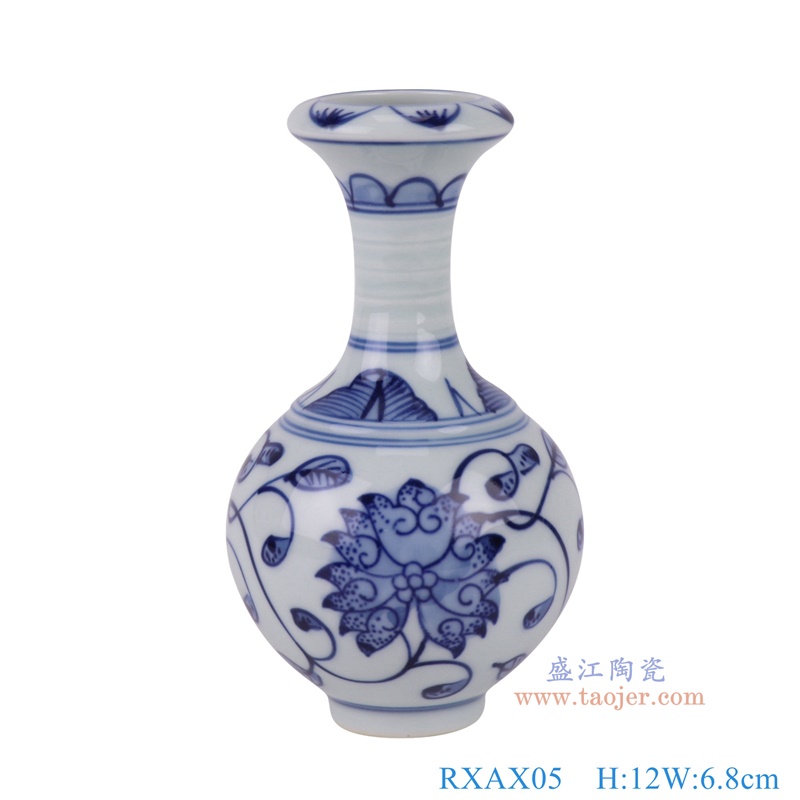 青花缠枝莲小蒜头瓶，产品编号：RXAX05       产品尺寸(单位cm):  高12直径6.8口径底径2.3重量0.1KG