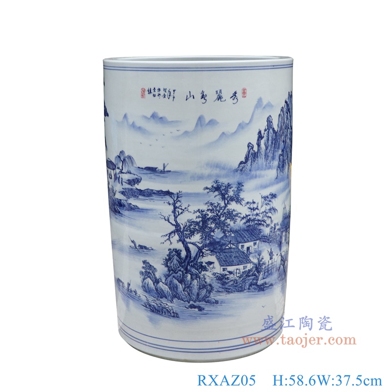 青花山水箭筒伞筒直筒，产品编号：RXAZ05       产品尺寸(单位cm):  高58.6直径37.5口径底径重量19.75KG