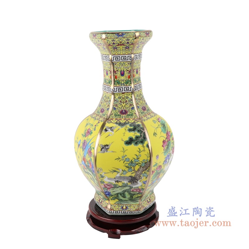 珐琅彩粉彩描金六方黄底花鸟花瓶中号；产品编号：RYRJ18-D       产品尺寸(单位cm):  高：32直径：18.5口径：底径：重量：KG