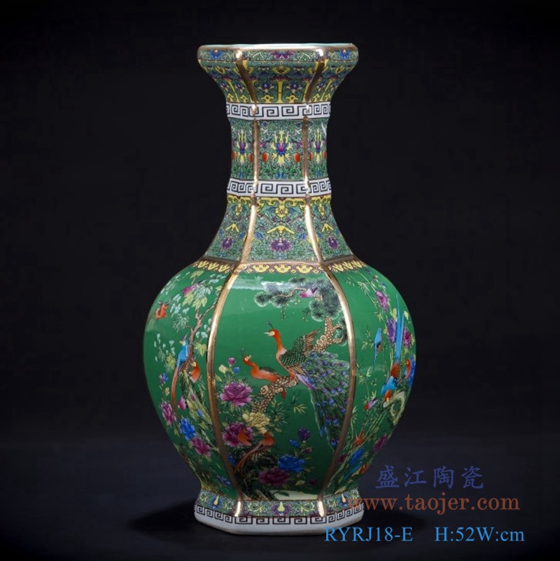 珐琅彩粉彩描金六方绿底花鸟花瓶大号；产品编号：RYRJ18-E       产品尺寸(单位cm):  高：52直径：口径：底径：重量：KG