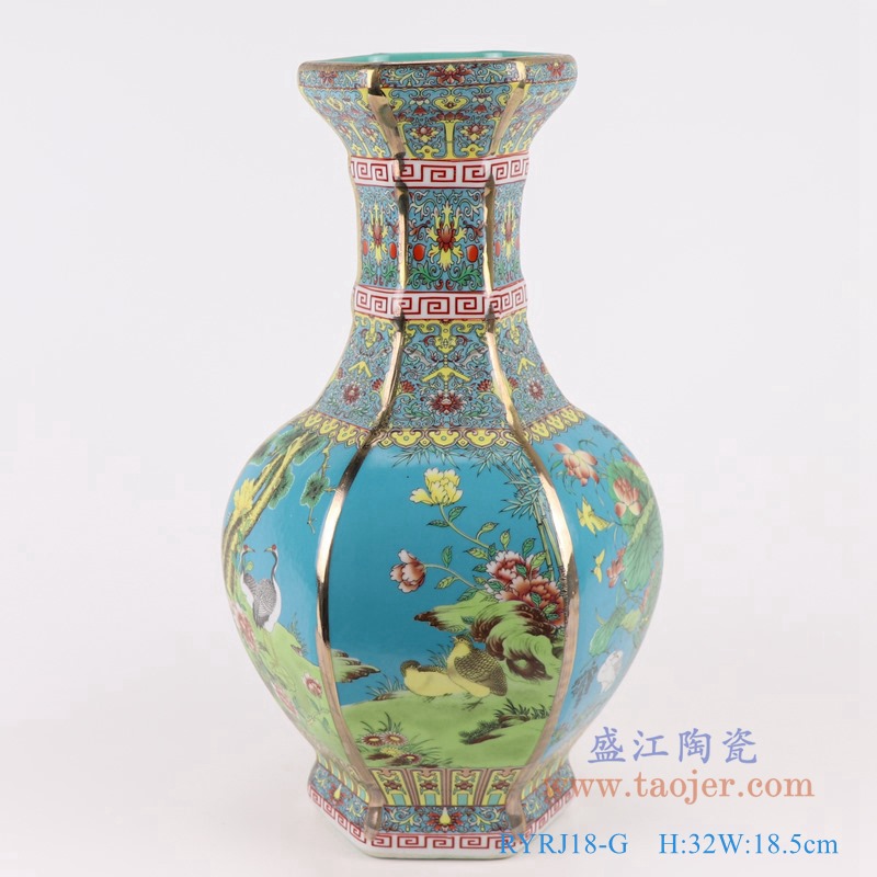 珐琅彩粉彩描金六方天蓝底花鸟花瓶中号；产品编号：RYRJ18-G       产品尺寸(单位cm):  高：32直径：18.5口径：底径：重量：KG