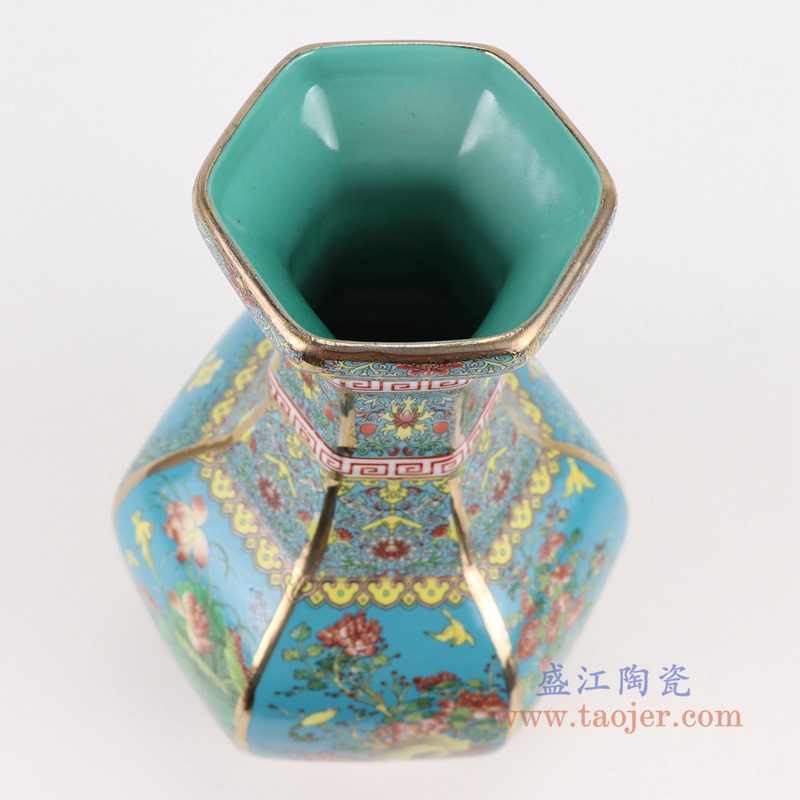 珐琅彩粉彩描金六方天蓝底花鸟花瓶中号；产品编号：RYRJ18-G       产品尺寸(单位cm):  高：32直径：18.5口径：底径：重量：KG