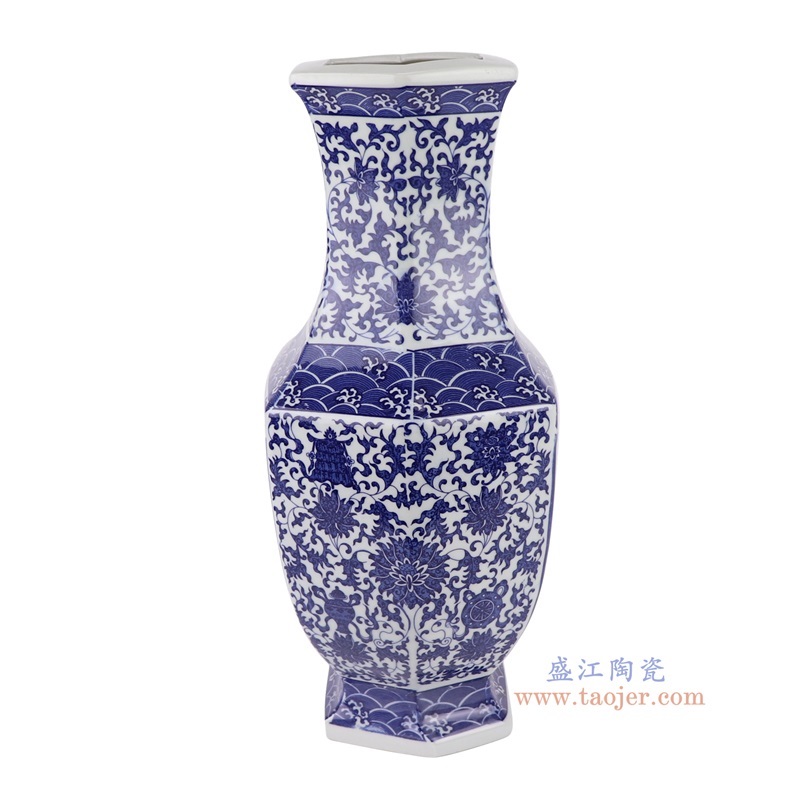 青花缠枝莲开窗龙纹六面花瓶，产品编号：RYUJ38       产品尺寸(单位cm):  高37.4直径20口径底径13.5重量2.75KG