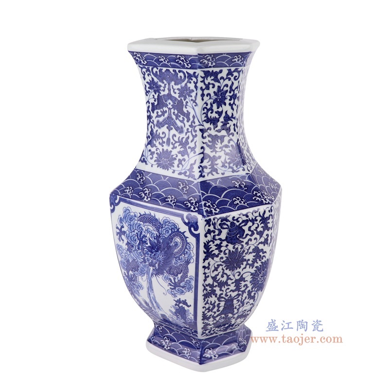 青花缠枝莲开窗龙纹六面花瓶，产品编号：RYUJ38       产品尺寸(单位cm):  高37.4直径20口径底径13.5重量2.75KG