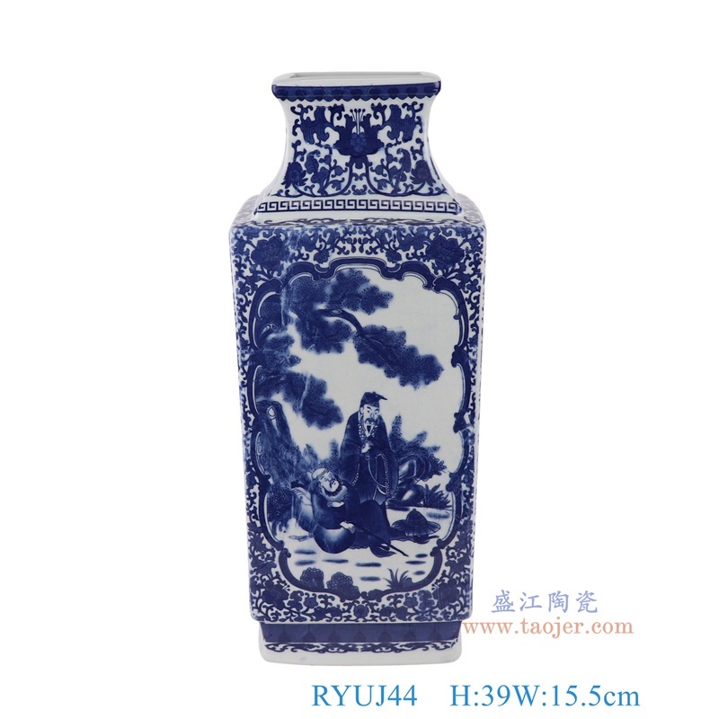 青花缠枝莲开窗人物四方花瓶，产品编号：RYUJ44       产品尺寸(单位cm):  高39直径15.5口径1.6底径14.3重量3.45KG