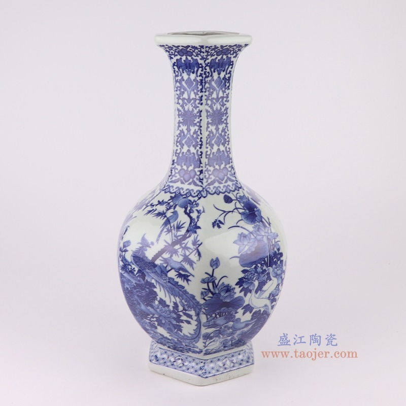 青花百鸟朝凤花鸟六面赏瓶，产品编号：RYUJ52       产品尺寸(单位cm):  高40直径21.4口径9.8底径13.5重量3.1KG