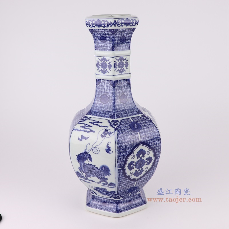 青花开窗麒麟献瑞纹六面赏瓶，产品编号：RYUJ58       产品尺寸(单位cm):  高40.3直径20.7口径13.3底径14.7重量3KG