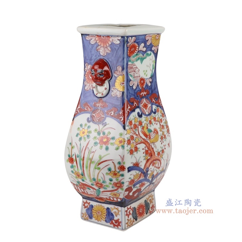 150件青花矾红花鸟四方福桶瓶，产品编号：RZQF05       产品尺寸(单位cm):  高38直径19口径底径16.2重量2.7KG