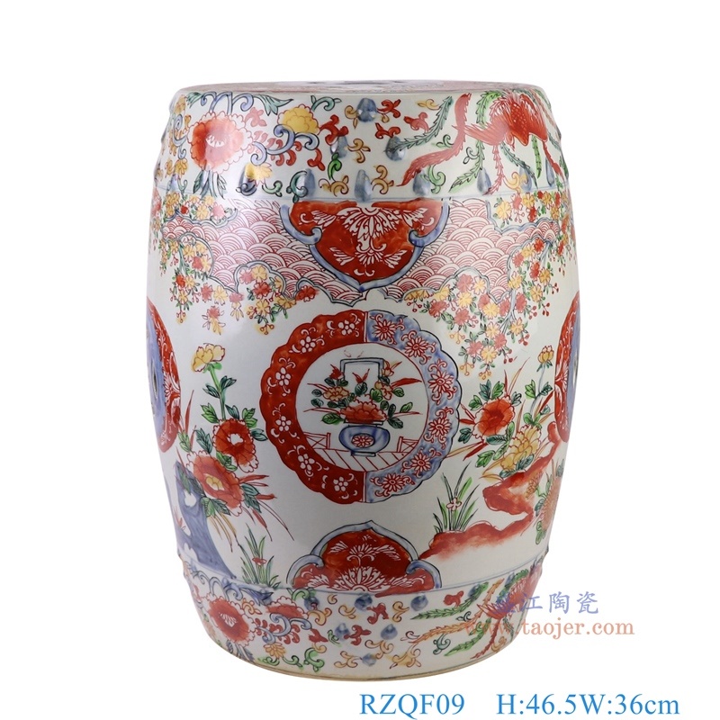 300件青花矾红锦地花鸟凉墩凳子，产品编号：RZQF09 产品尺寸(单位cm): 高46.5直径36口径底径27.8重量11KG