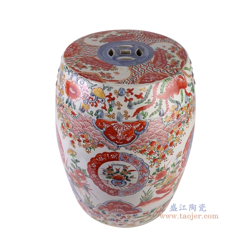 300件青花矾红锦地花鸟凉墩凳子，产品编号：RZQF09 产品尺寸(单位cm): 高46.5直径36口径底径27.8重量11KG