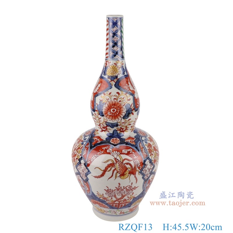 200件青花矾红花鸟廋葫芦瓶，产品编号：RZQF13       产品尺寸(单位cm):  高45.5直径20口径底径11重量2.9KG