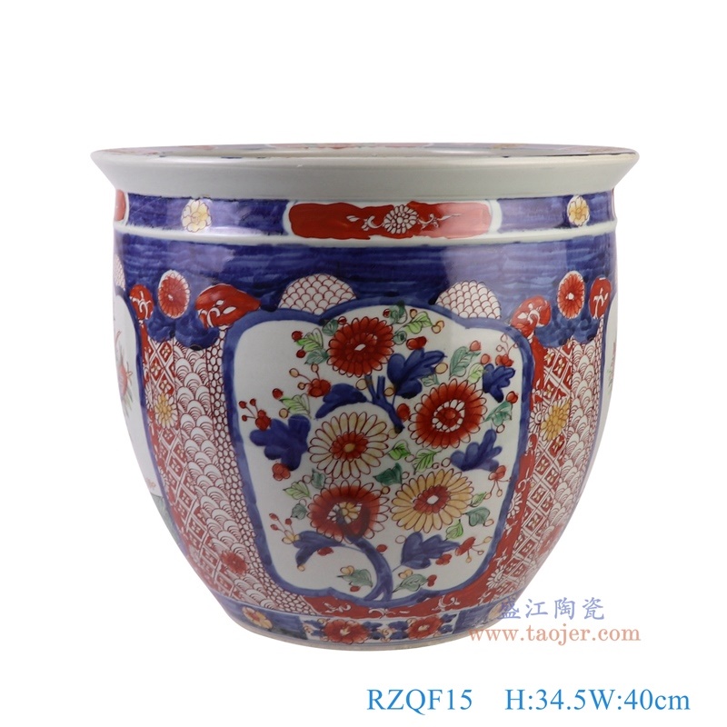 300件青花矾红锦地花鸟缸，产品编号：RZQF15       产品尺寸(单位cm):  高34.5直径40口径底径22.3重量9.55KG