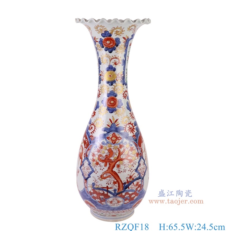 300件青花矾红凤凰花鸟花口瓶，产品编号：RZQF18       产品尺寸(单位cm):  高65.5直径24.5口径底径15重量8.45KG