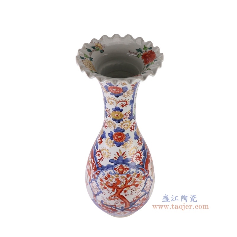 300件青花矾红凤凰花鸟花口瓶，产品编号：RZQF18       产品尺寸(单位cm):  高65.5直径24.5口径底径15重量8.45KG