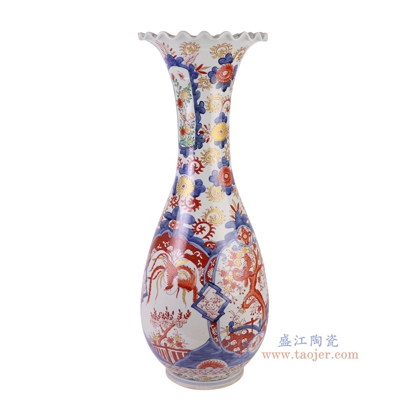 300件青花矾红凤凰花鸟花口瓶，产品编号：RZQF18       产品尺寸(单位cm):  高65.5直径24.5口径底径15重量8.45KG