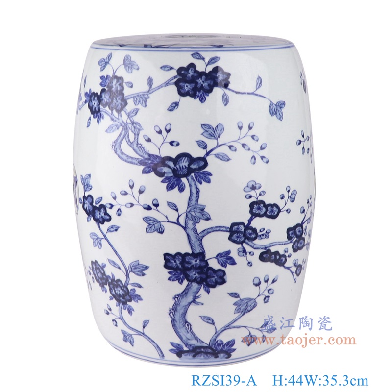 青花梅花纹铜钱孔鼓凳圆凳子，产品编号：RZSI39-A       产品尺寸(单位cm):  高44直径35.3口径底径28重量12KG