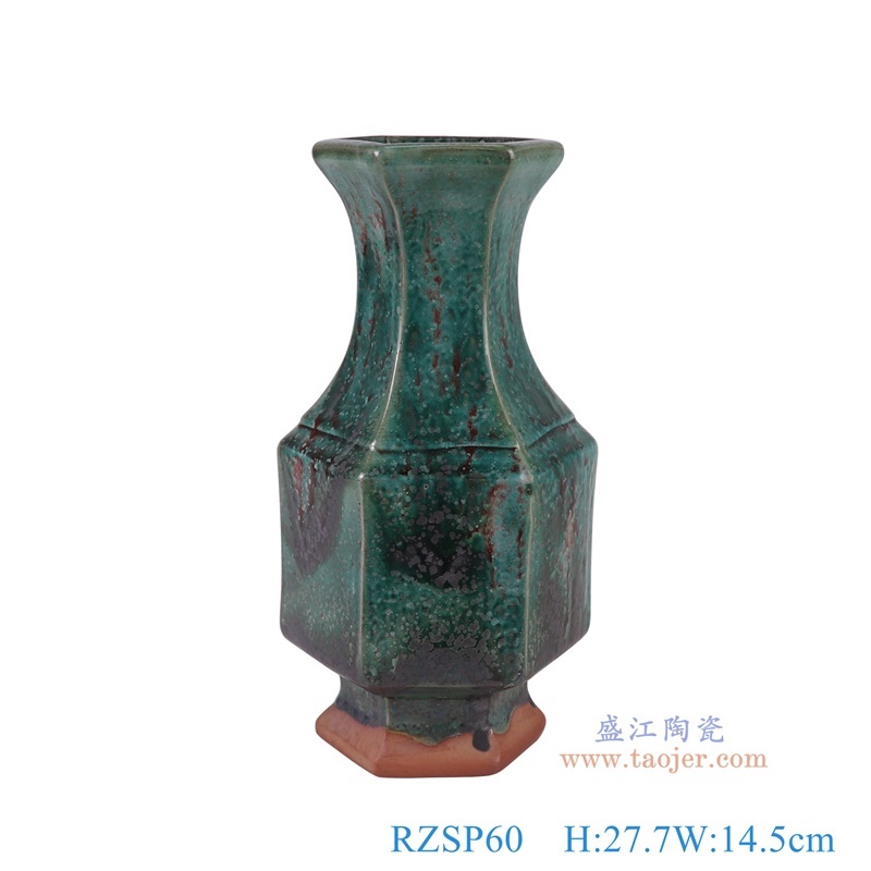 窑变绿色八方花瓶，产品编号：RZSP60       产品尺寸(单位cm):  高27.7直径14.5口径底径10重量1.3KG