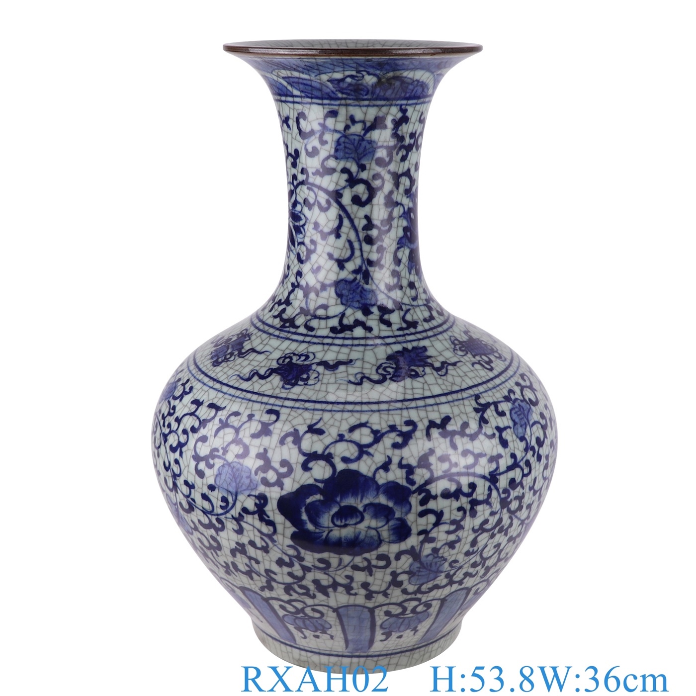 仿古开片青花缠枝莲赏瓶，产品编号：RXAH02       产品尺寸(单位cm):  高53.8直径36口径16.2底径19重量12.45KG