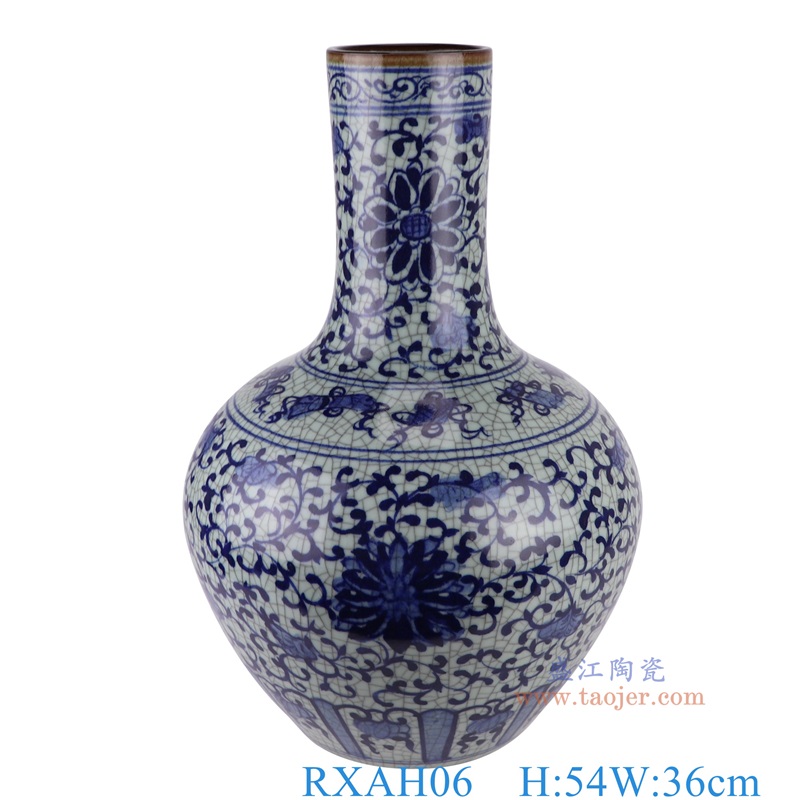 仿古开片青花缠枝莲天球瓶，产品编号：RXAH06       产品尺寸(单位cm):  高54直径36口径19.5底径19.2重量12.55KG