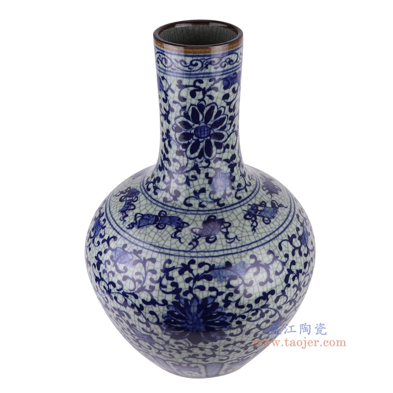 仿古开片青花缠枝莲天球瓶，产品编号：RXAH06       产品尺寸(单位cm):  高54直径36口径19.5底径19.2重量12.55KG