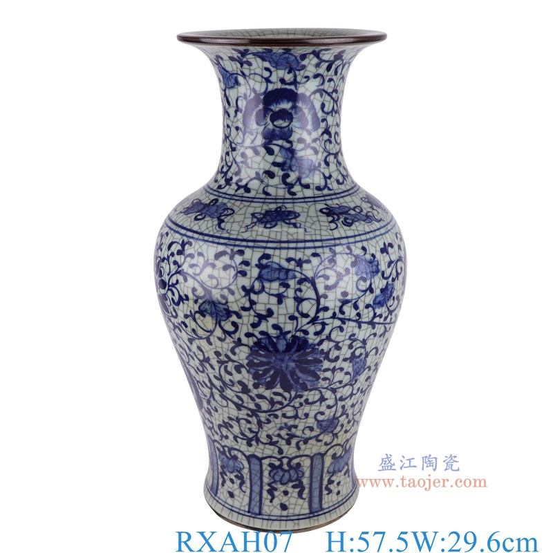 仿古开片青花缠枝莲鱼尾瓶，产品编号：RXAH07       产品尺寸(单位cm):  高57.5直径29.6口径19.8底径20.2重量12.55KG