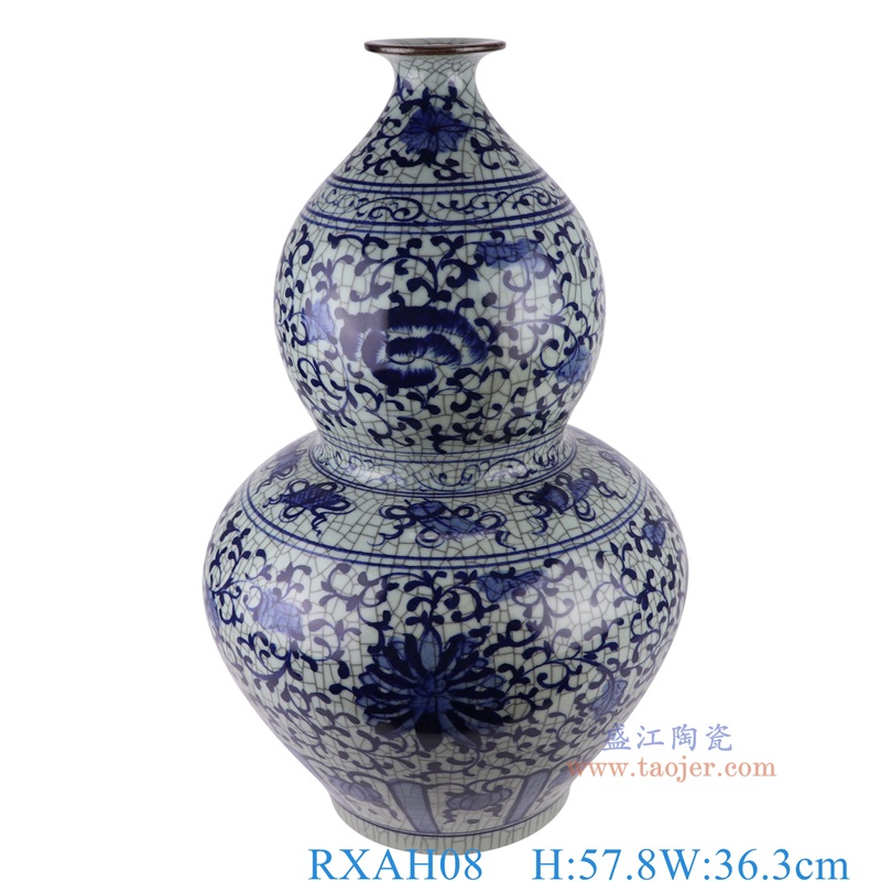 仿古开片青花缠枝莲葫芦瓶，产品编号：RXAH08       产品尺寸(单位cm):  高57.8直径36.3口径19.8底径19.3重量14.5KG