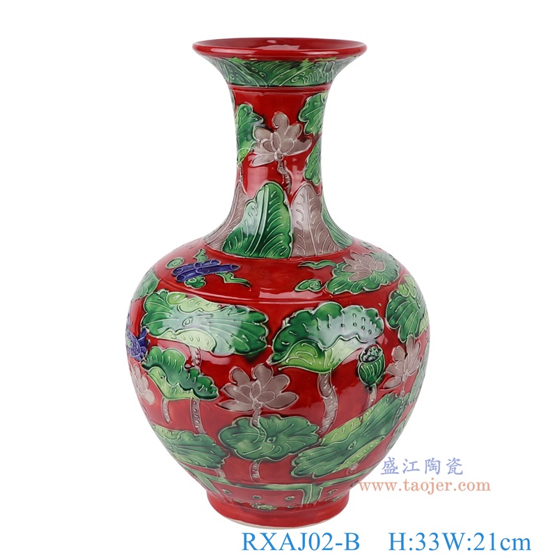 红底雕刻鸳鸯戏水荷花纹赏瓶大号，产品编号：RXAJ02-B       产品尺寸(单位cm):  高33直径21口径13底径10重量2KG