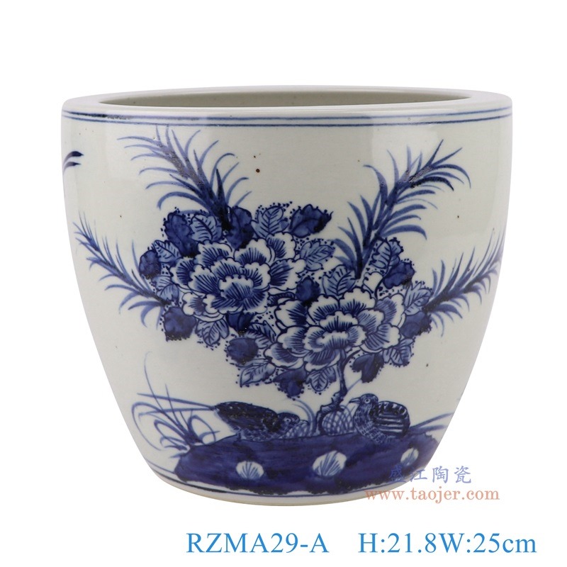 青花花鸟小缸花盆，产品编号：RZMA29-A       产品尺寸(单位cm):  高21.8直径25口径19.7底径16.2重量3.5KG