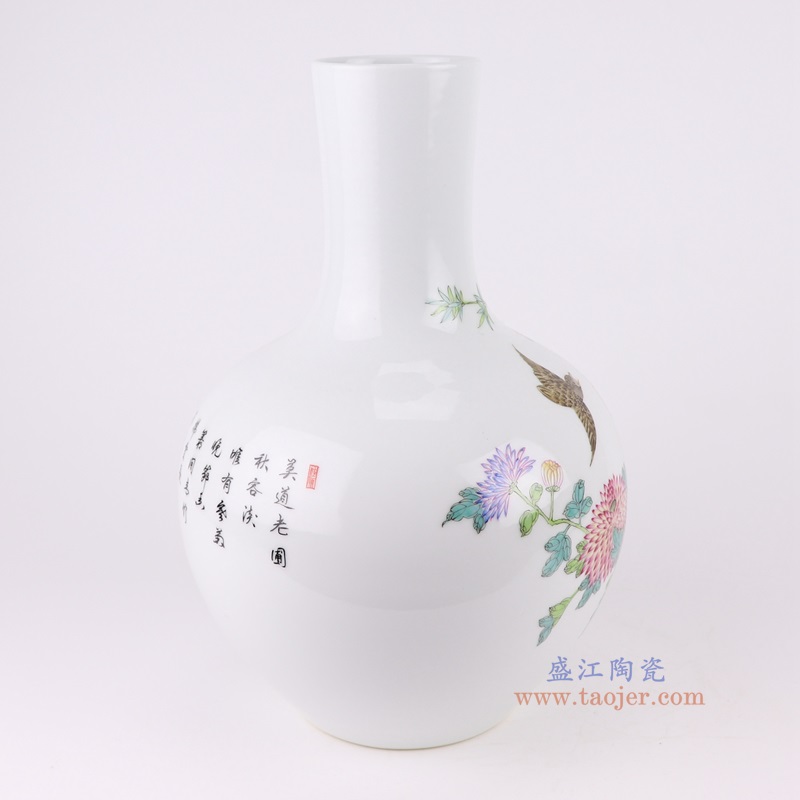 粉彩花鸟安居乐业平安图天球瓶，产品编号：RZNF13       产品尺寸(单位cm):  高32.5直径22口径20.2底径11.5重量2.5KG