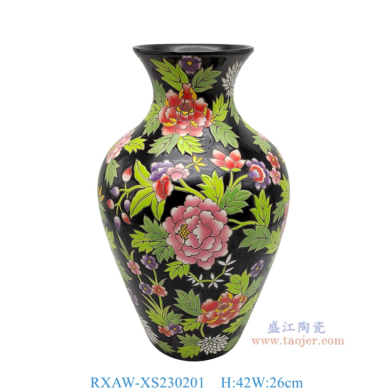 RXAW-XS230201 黑底彩绘牡丹纹鱼尾瓶 高42直径26