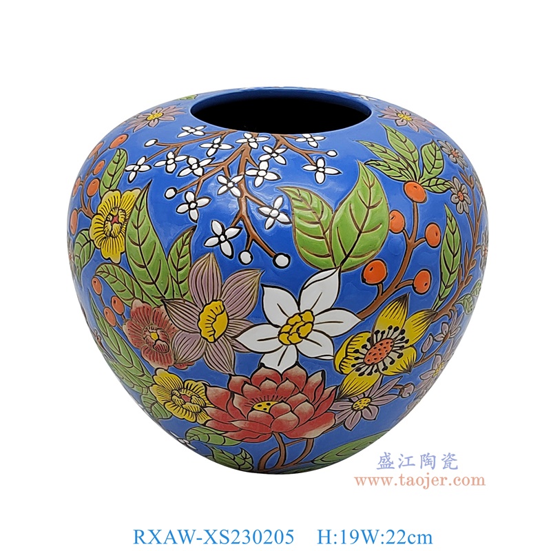 RXAW-XS230205 蓝底彩绘花卉罐子 高19直径22