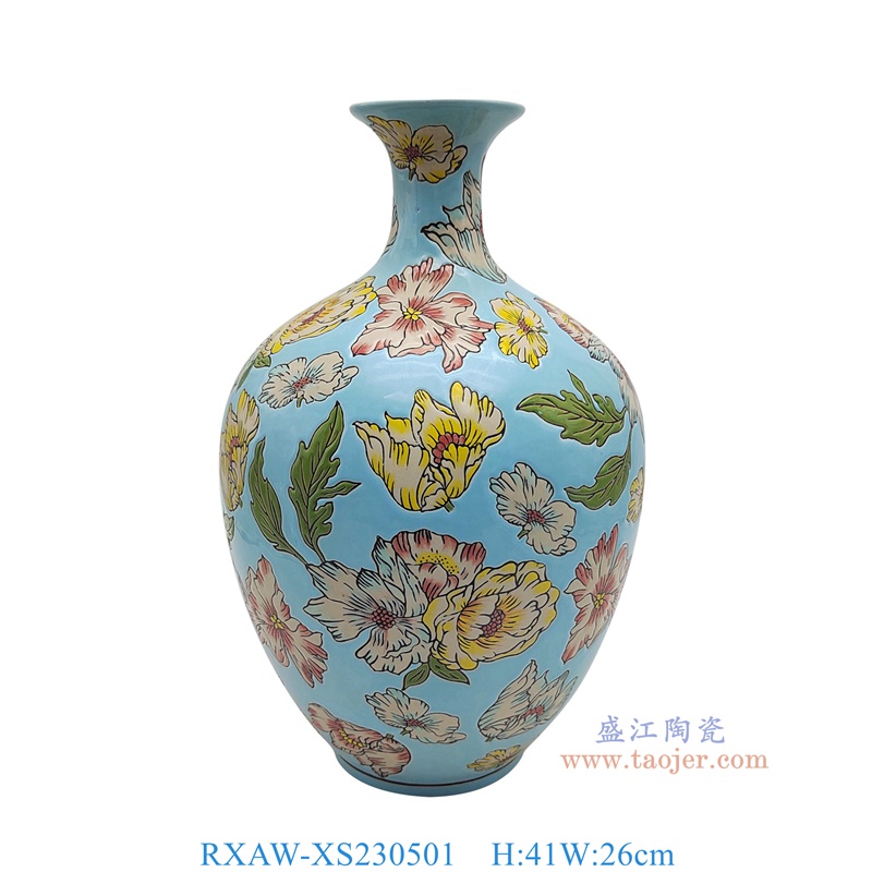 RXAW-XS230501 蓝底彩绘芙蓉花赏瓶 高41直径26