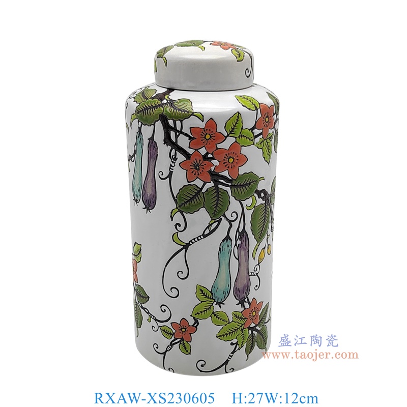 RXAW-XS230605 白底彩绘茄子花果纹直筒茶叶罐小号 高27直径12