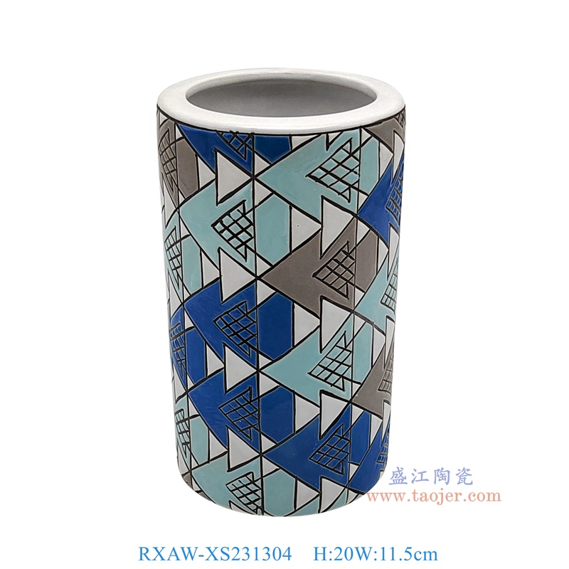 RXAW-XS231304 彩绘蓝白三角形纹笔筒中号 高20直径11.5