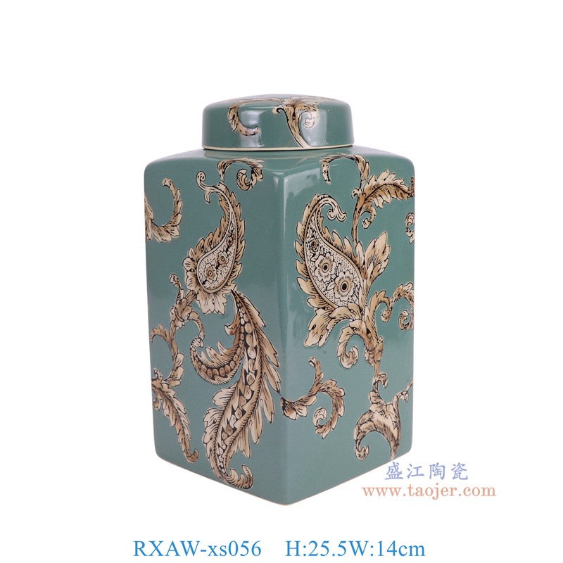 RXAW-xs056 绿底彩绘花叶纹四方罐大号 高25.5直径14重量2KG