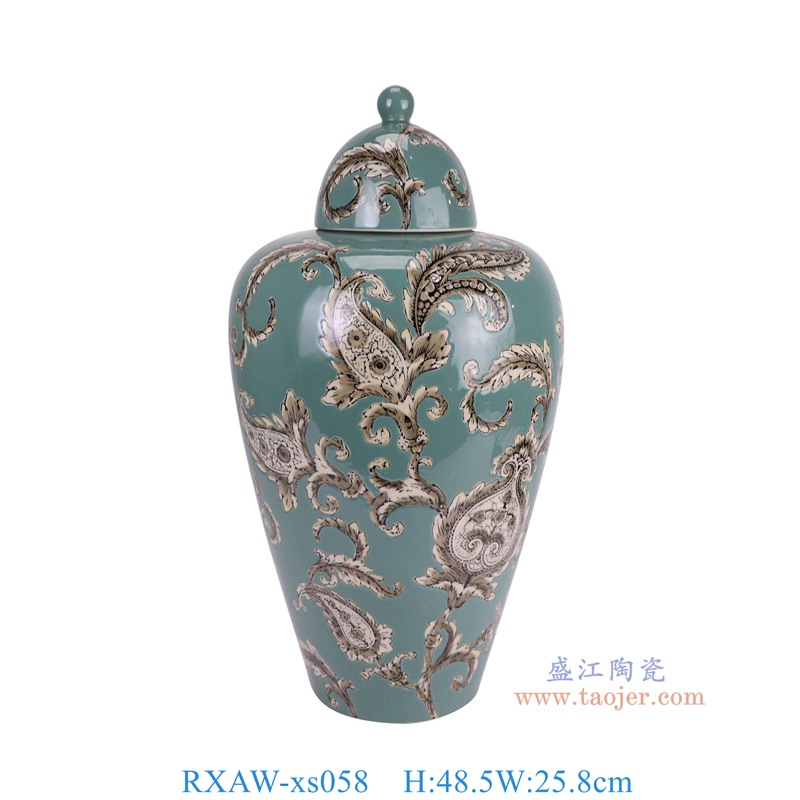 RXAW-xs058 绿底彩绘花叶纹冬瓜罐 高48.5直径25.8底径13.5重量3.8KG