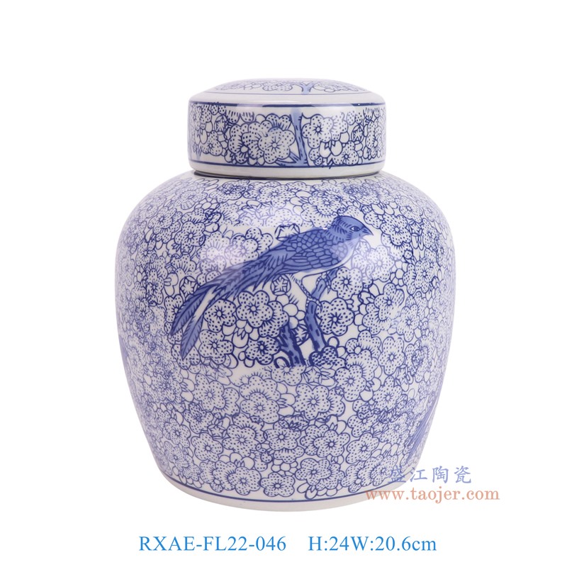 RXAE-FL22-046青花花鸟平顶罐正面图