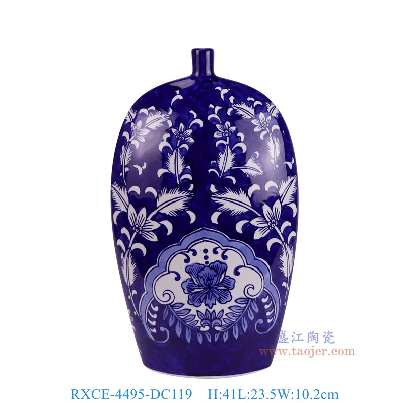 RXCE-4495-DC119青花蓝底花叶纹扁肚尖嘴罐正面图