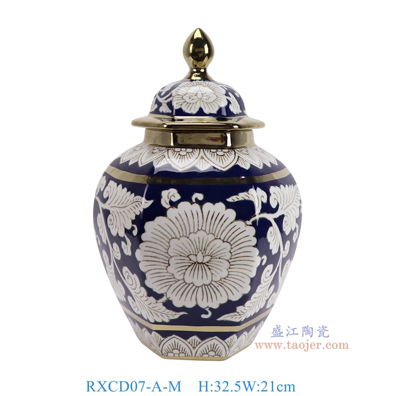 RXCD07-A-M 蓝底青花牡丹花纹镀金六角将军罐中号 高32.5直径21底径11.8重量2.2KG