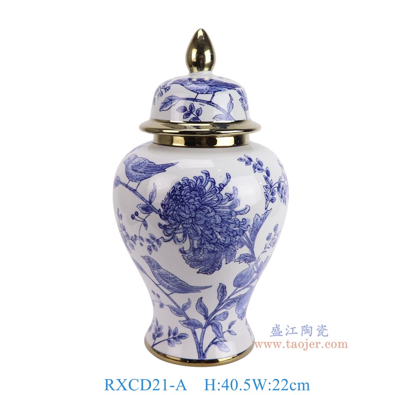 RXCD21-A-WW21859青花花鸟镀金将军罐正面图